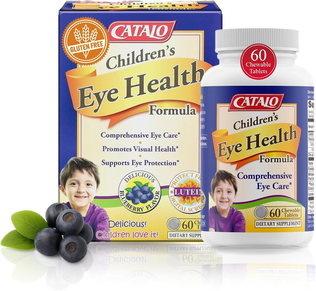 CATALO Enfants Formule santé des yeux Comprimés à croquer avec Mirtoselect Extrait de Bilberry, FloraGLO Extrait de Marigold, Eyebright, Taurine et Zinc pour soins aux yeux - 60 comprimés