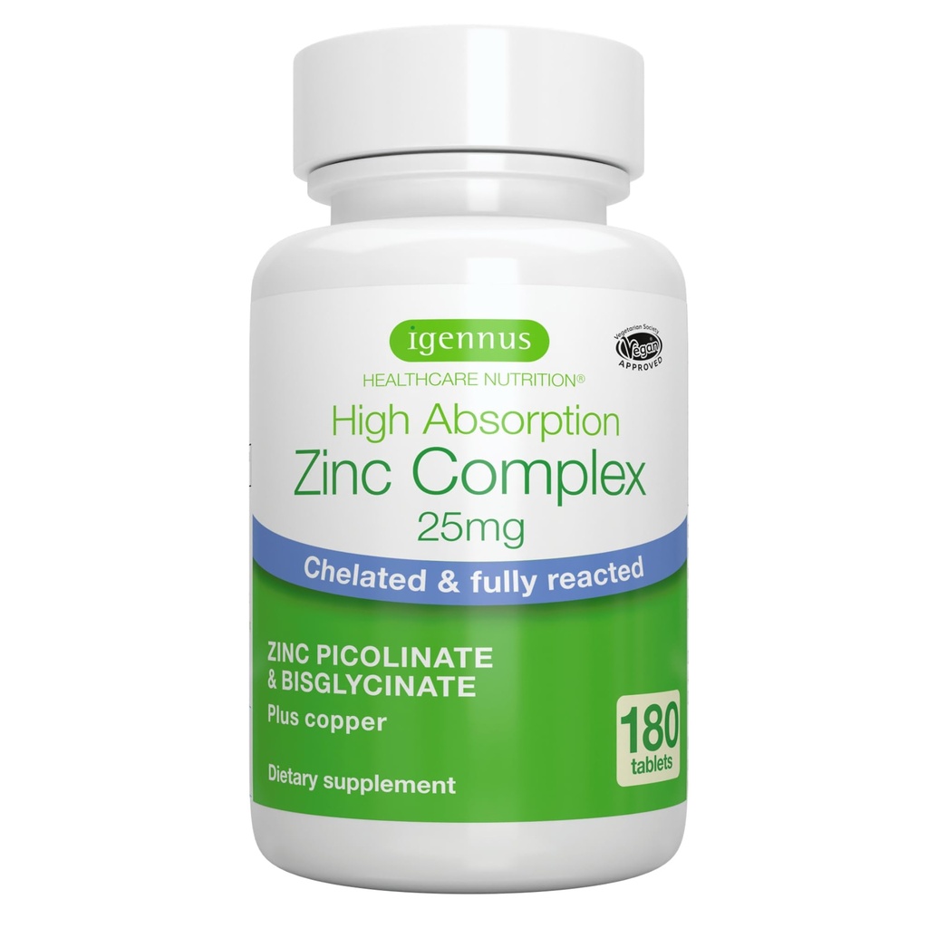 Igennus Nettoyer le zinc chélaté 25mg avec du cuivre, du picolinate et du bisglycinate entièrement réactés, complexe d'absorption élevée, supplément pour les femmes et les hommes, laboratoire vérifié, non-OGM, immunitaire et soutien de la peau, 6 mois d'approvisionnement
