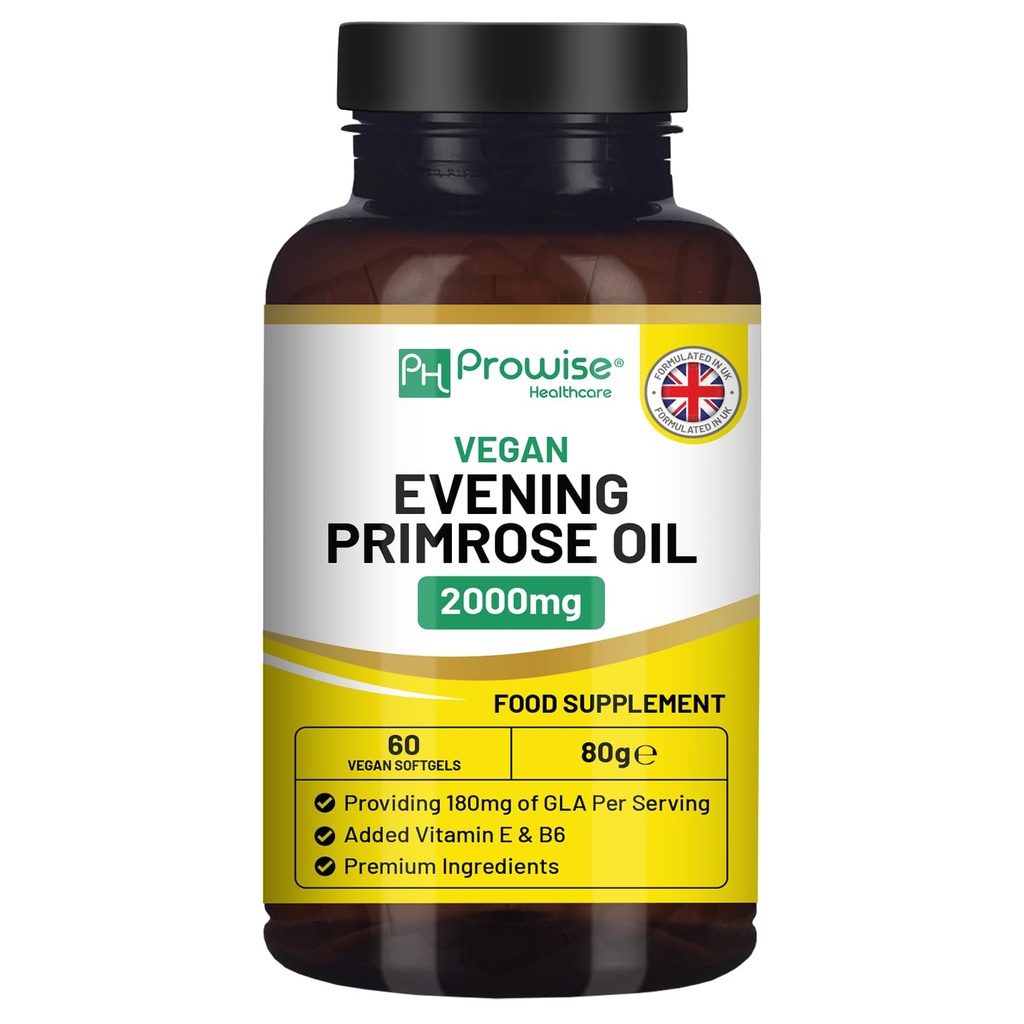 Huile de Primrose de soirée végétalienne 2000mg avec vitamine E & B6 – 60 Vegan Softgels pure pression froide I 180mg GLA par capsule I Santé des femmes I Qualité premium I par Prowise Healthcare