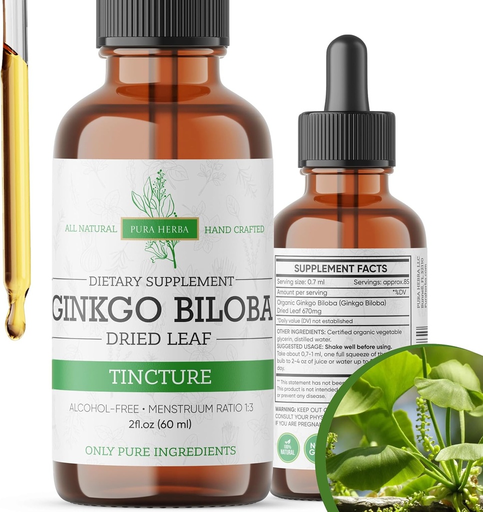 Ginkgo Biloba extrait liquide 2 Fl Oz, suppléments pour la fonction cérébrale et le soutien mémoire, sans alcool, végétalien - 2 Fl Oz