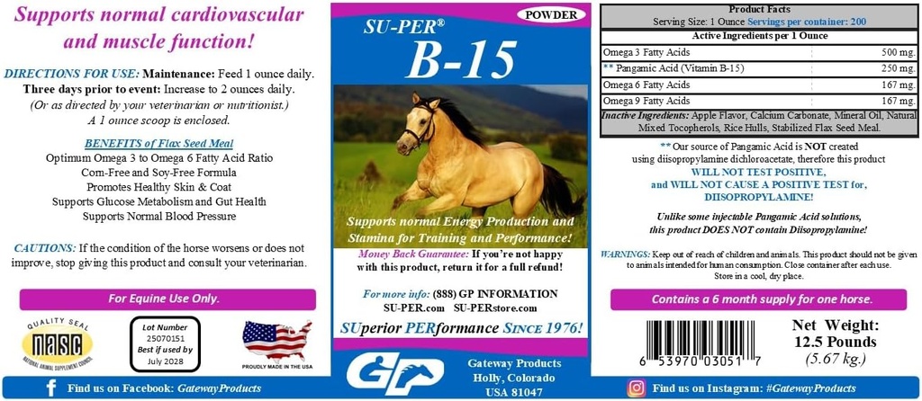 SUPER B-15 Supplément de vitamine pour chevaux - Vitamine Hippique B-15 Poudre pour le soutien du rendement - 12,5 livres, 6 mois d'approvisionnement
