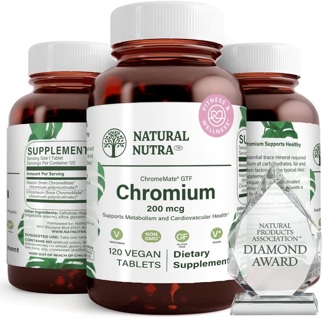 Nutra naturel GTF Chrome polynicotinate avec ChromeMate, soutient le métabolisme corporel, soutenir la santé cardiaque, maintenir le niveau de graisse corporelle, améliorer la digestion, la santé cardiovasculaire, 200 mcg, 120 comprimés végétaliens