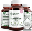 Nutra naturel GTF Chrome polynicotinate avec ChromeMate, soutient le métabolisme corporel, soutenir la santé cardiaque, maintenir le niveau de graisse corporelle, améliorer la digestion, la santé cardiovasculaire, 200 mcg, 120 comprimés végétaliens