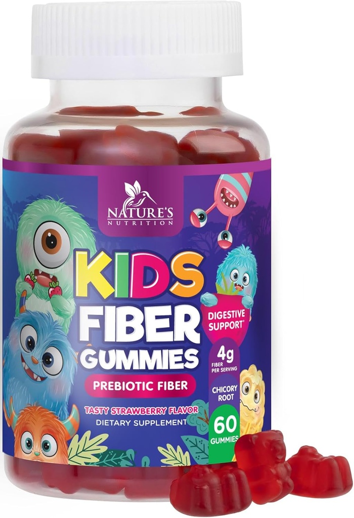 Gommies de fibre pour les enfants, supplément quotidien de fibre Gommy 4g, soutien prébiotique de la santé digestive - fibre soluble à base de plantes de la nature, soutient la régularité et la digestion pour les enfants non-OGM - 60 Gommies