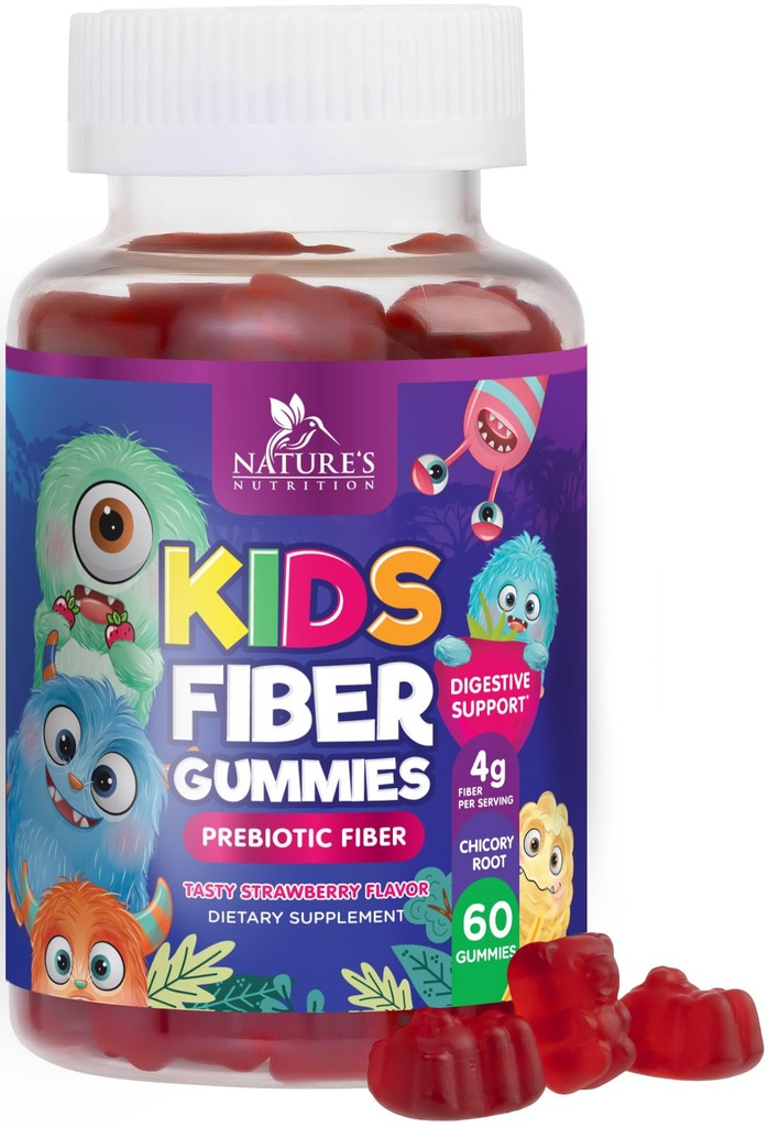 Gommies de fibre pour les enfants, supplément quotidien de fibre Gommy 4g, soutien prébiotique de la santé digestive - fibre soluble à base de plantes de la nature, soutient la régularité et la digestion pour les enfants non-OGM - 60 Gommies
