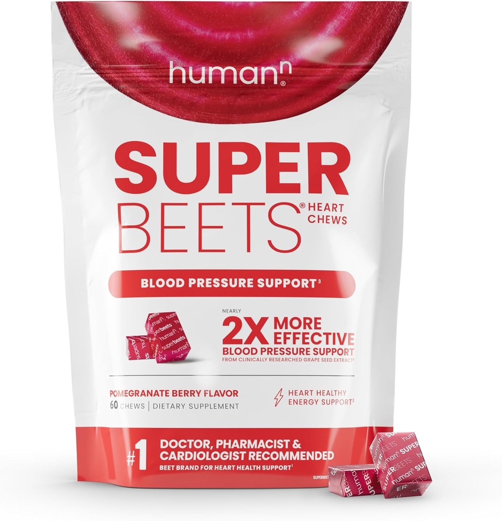 Humann SuperBeets Heart Chews, Oxyde nitrique et soutien de la pression artérielle, Extrait de graines de raisin et Supplément d'énergie de poudre de betterave non-OGM de betterave, Flaveur de baies de grenade, 60 Compte