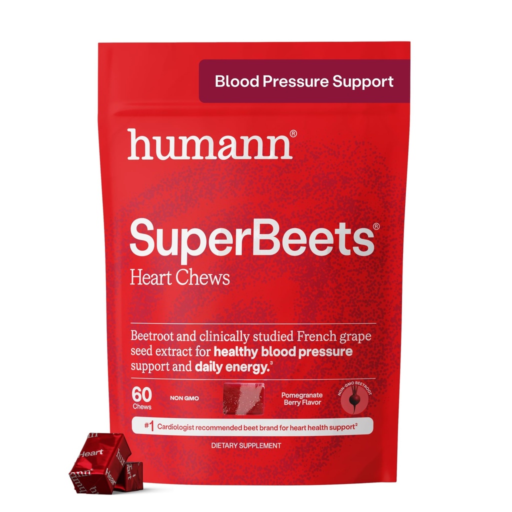 Humann SuperBeets Heart Chews, supplément énergétique de soutien de la poudre de betterave, oxyde nitrique et soutien de la pression artérielle, extrait de graines de raisin et non-OGM, santé du coeur, fleur de berry de grenade, 60 comte