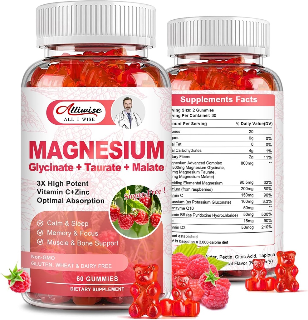 Supplément de magnésium complexe Gommies, sans sucre Magnésium Glycinat 500mg pour les adultes et les enfants, avec Taurat 200mg, Malate, Calcium, COQ10, Multivitamine pour le sommeil, le coeur et la santé des os