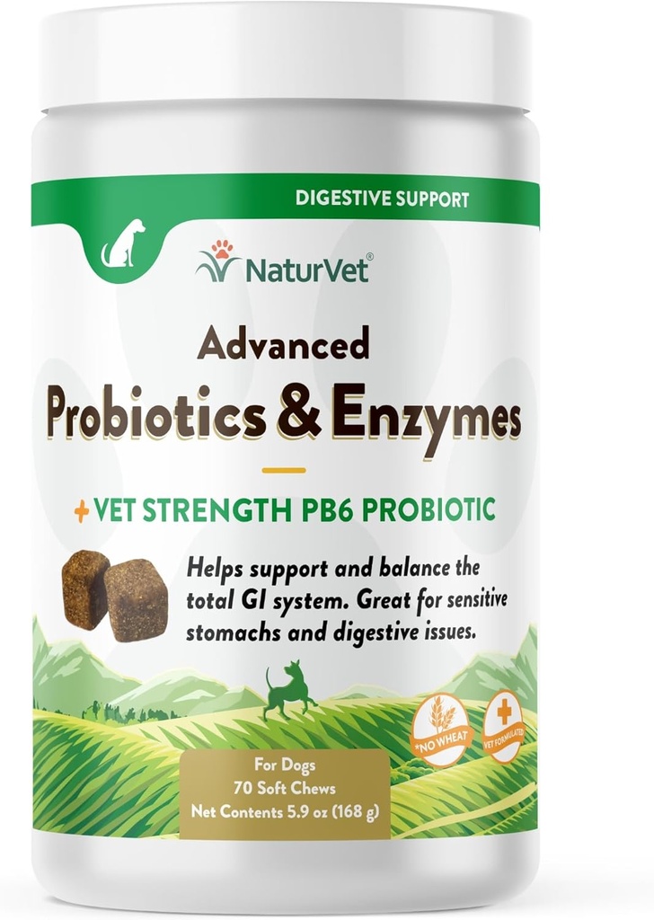 NaturVet Probiotiques et enzymes avancés, PB6 chews doux chien pour aider les stomachs sensibles et les problèmes digestifs, Hickory fumé bacon supplément d'animal aromatisé pour chiens plus de 6 semaines, 70 Comte Jar