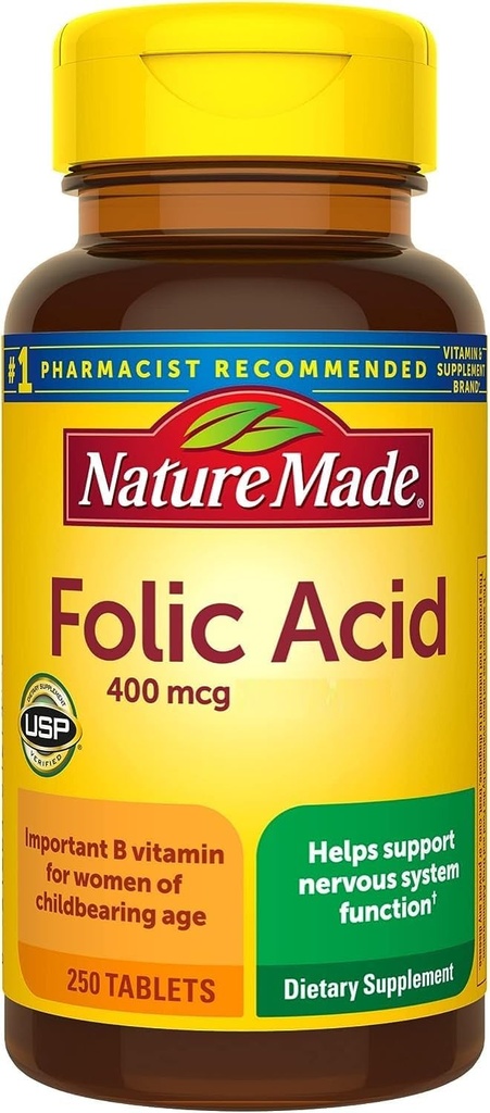 Acide folique naturel 400 mcg comprimés, 250 comprimés