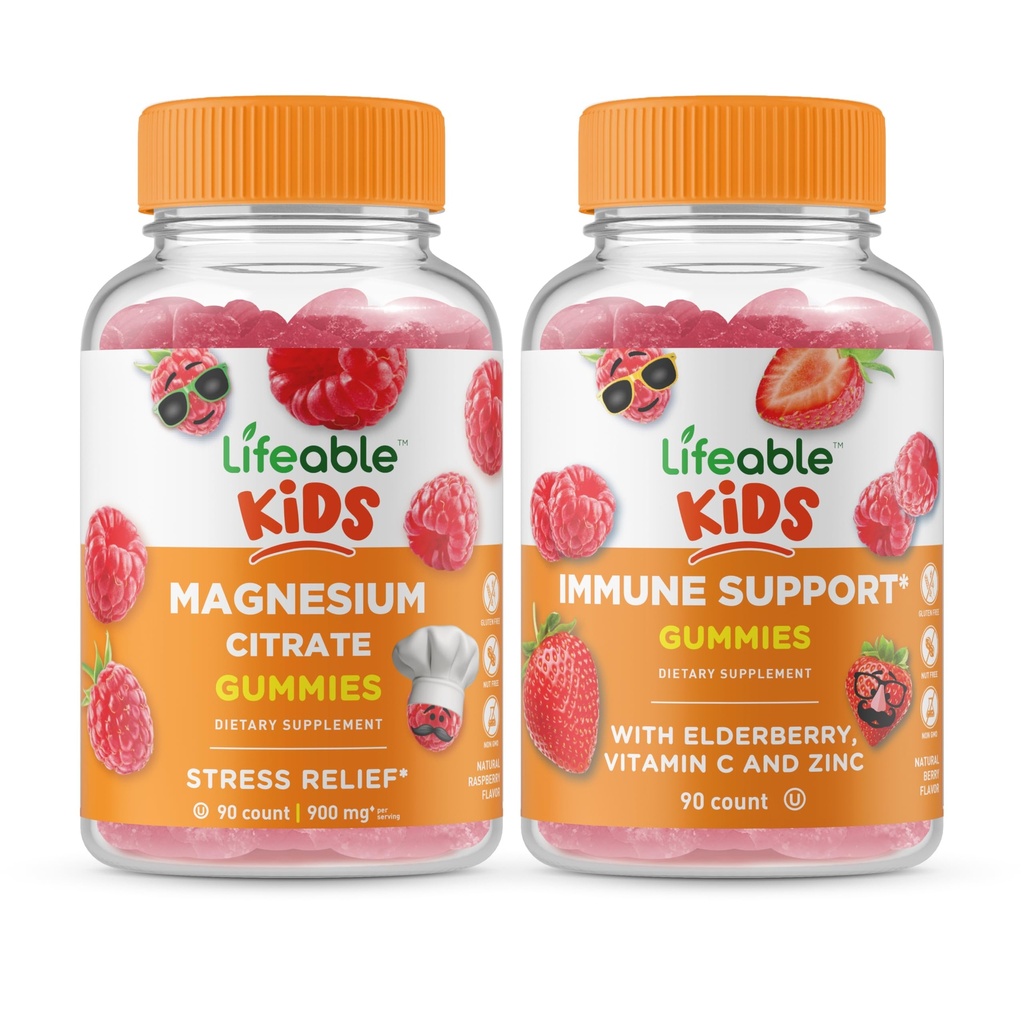 Magnésium Lifeable Kids + Immune Support Enfants, Gommies Bundle - Grande dégustation, supplément de vitamine, sans gluten, sans OGM, gommy à croquer