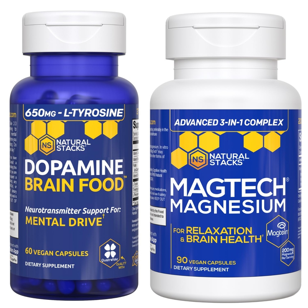 STACKS NATURELS Dopamine Cerveau Alimentation + Magtech Magnésium Bundle - Complexe Magnésium Chélaté - Supporte la santé cérébrale et le lecteur mental* - 150 Capsules totales
