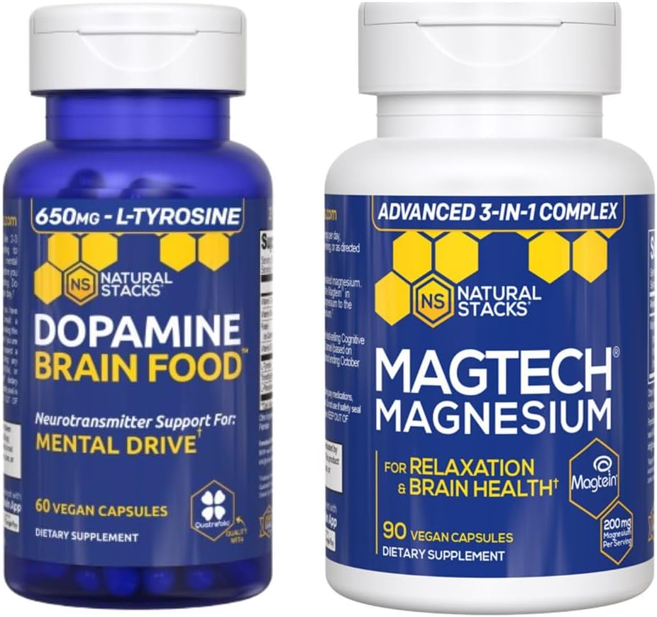 STACKS NATURELS Dopamine Cerveau Alimentation + Magtech Magnésium Bundle - Complexe Magnésium Chélaté - Supporte la santé cérébrale et le lecteur mental* - 150 Capsules totales