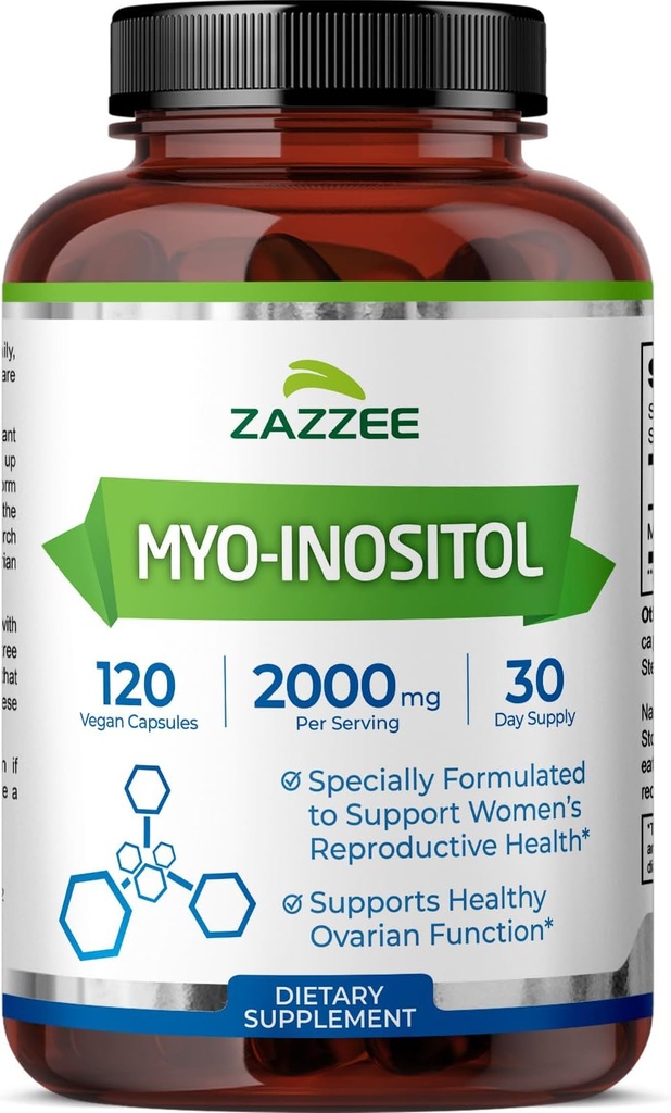 Zazzee Myo-Inositol Capsules, 2000 mg par portion, 120 Capsules Vegan, Posologie idéale pour le rapport 40:1, 100% Végétarien, Hormone Balance & Healthy Ovarian Function Support, All-Natural et Non-OGM