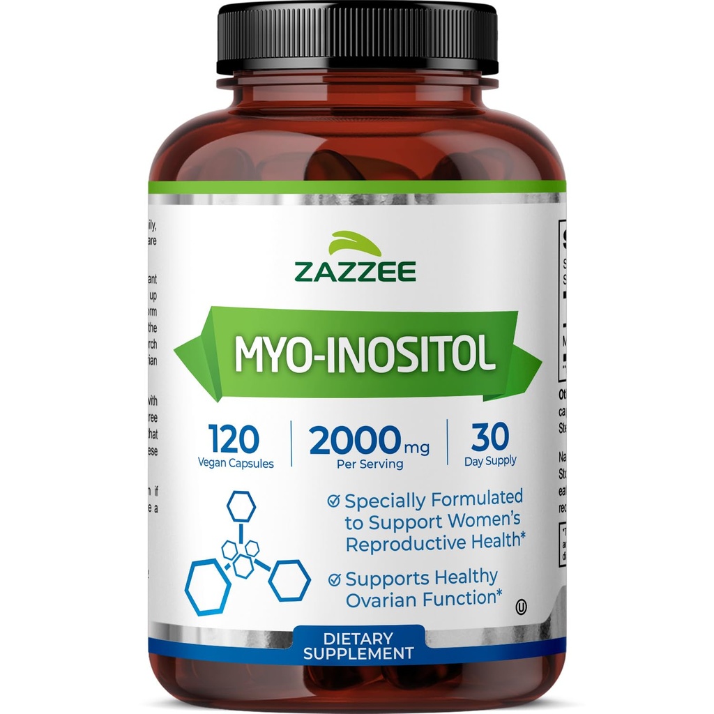 Zazzee Myo-Inositol Capsules, 2000 mg par portion, 120 Capsules Vegan, Posologie idéale pour le rapport 40:1, 100% Végétarien, Hormone Balance & Healthy Ovarian Function Support, All-Natural et Non-OGM