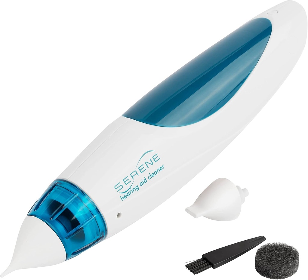 Serene Innovations Kit de nettoyage de l'aide auditive pour l'enlèvement de la cire d'oreille – Nettoyeur d'aide auditive fonctionne sur 4 piles AA pour nettoyer les tubes d'aide auditive, les écouteurs, les moniteurs dans l'oreille, et plus – Aspirateur d'aspiration de cire d'oreille