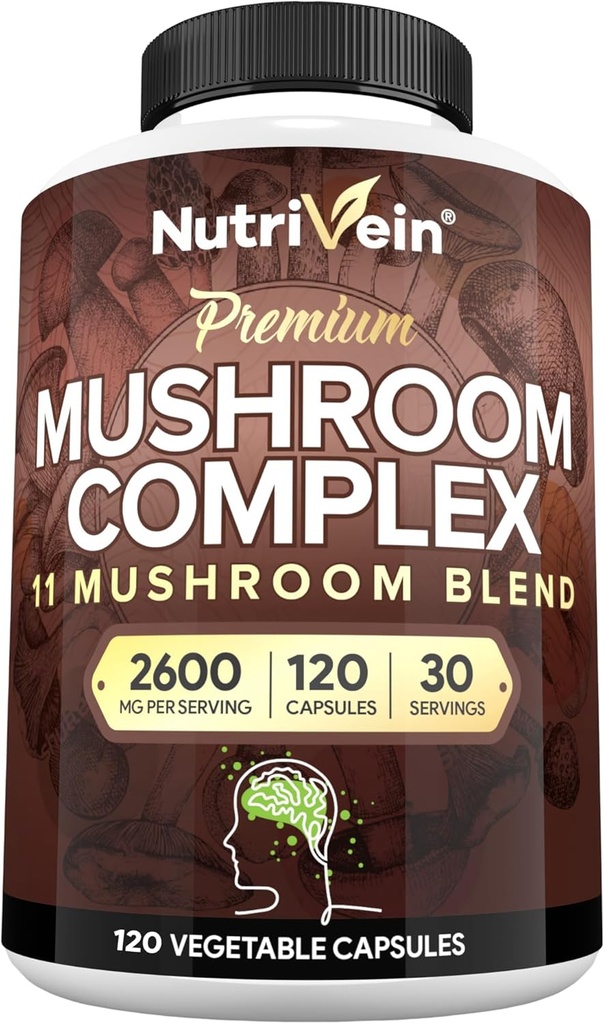 Nutrivein Premium Champignon Supplément 2600 mg- Bouteille 120 Capsules- 11 Complexe de Champignons Nootropes - Lion's Mane, Cordyceps, Chaga, Reishi, Turquie Tail,Maitake,Shiitake, Agaricus, Bouton blanc, Oyster