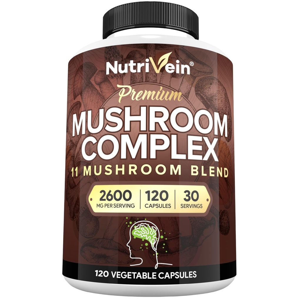 Nutrivein Premium Mushroom Supplement 2600 mg- Bottle 120 Capsules- 11 Nootropic Mushroom Complex - Lion's Mane, Cordyceps, Chaga, Reishi, Turkey Tail,Maitake,Shiitake, Agaricus, White Button, Oyster