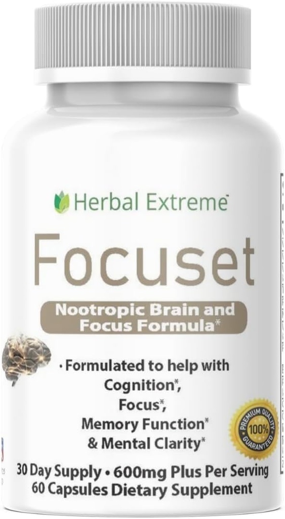 Focuset Nootropics Formule Cerveau et Focus. 90 Capsules Diméthylaminoéthanol (Bitartrate de DMAE), L-glutamine, L-Tyrosine, GABA, Bacopa et plus, Blanc