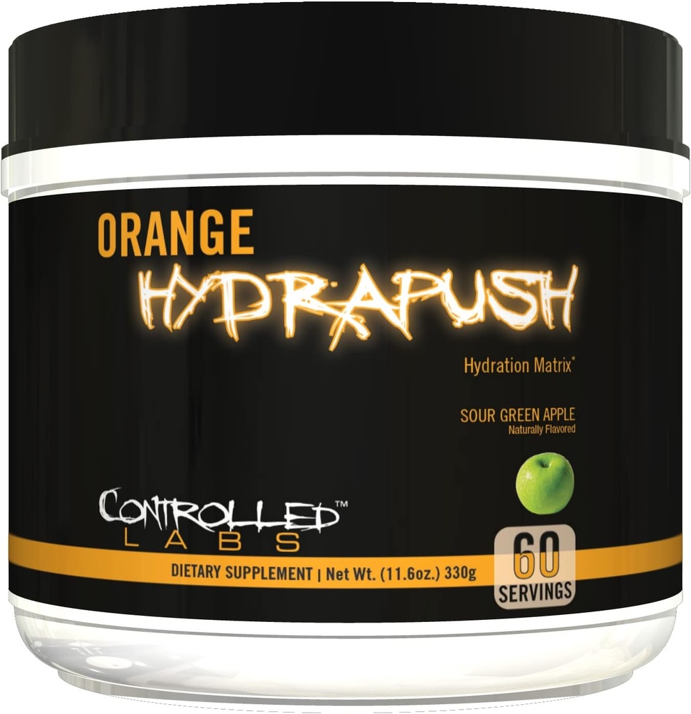 LABES CONTRÔLÉES Poudre d'électrolyte Orange HydraPush, 60 portions - Récupération hydratante avancée - Eau de coco et Taurine - Booster l'énergie et augmenter l'endurance (Sour Green Apple)