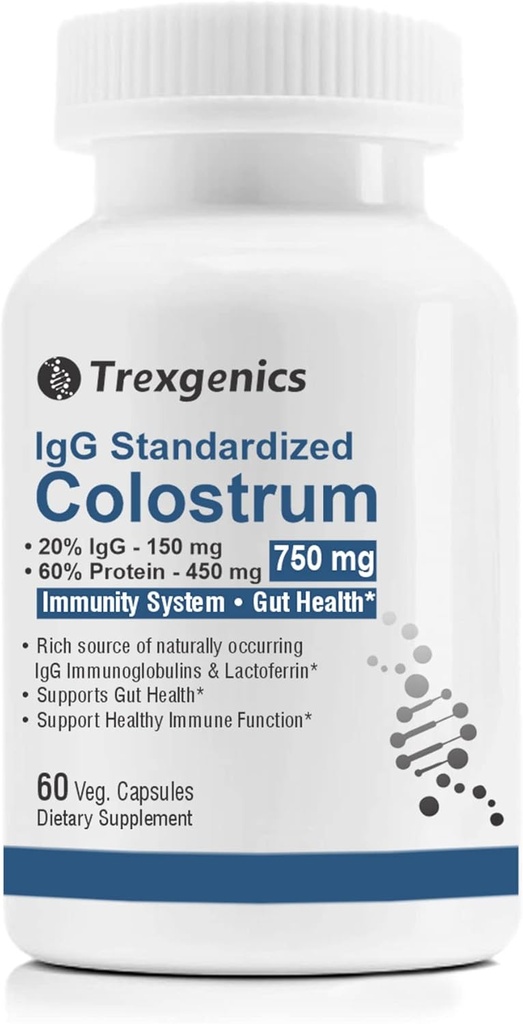 Trexgenics Colostrum 750 mg, 20 % IgG, 60 % Protéines, Immunité, Gut Health Support Végétarien et non-OGM (60 gélules) (paquet de 1)
