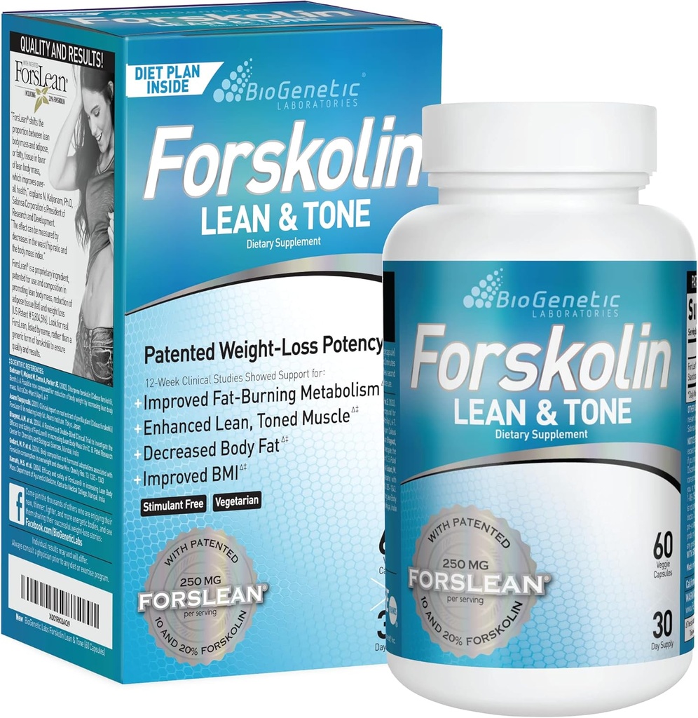BioGenetic Labs Forskolin Lean & Tone - Pilules de perte de poids - Body Toning Formula Fat Burner et le maintien de la masse musculaire pour les hommes et les femmes Suppression de l'appétit - 60 Capsules - Végétarien