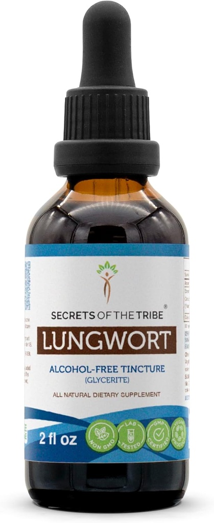 Secrets de l'extrait liquide sans alcool de la tribu Lungwort (Pulmonaria officinalis) Supplément à la teinture de feuille séchée 2 oz