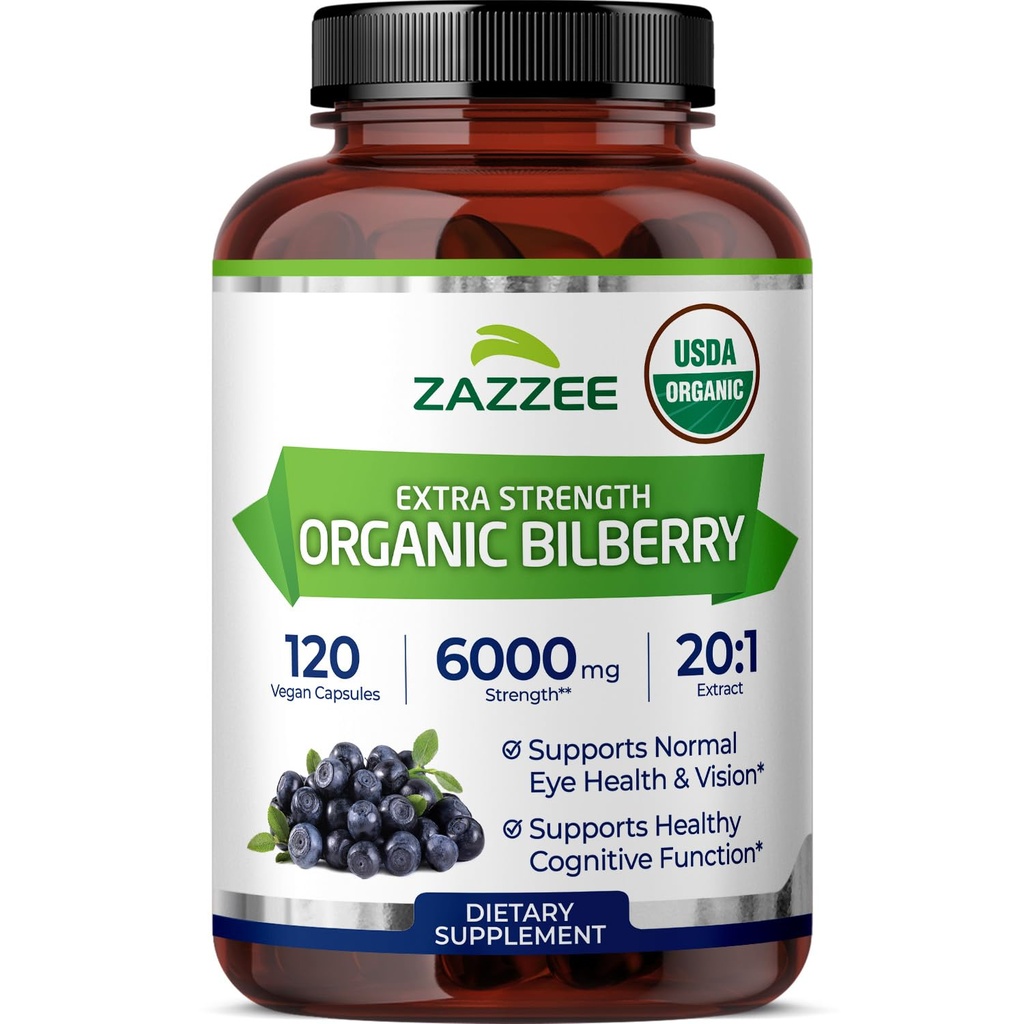 Zazzee USDA Bio Bilberry 20:1 Extrait, 6000 mg de force, 120 capsules véganes, 4 mois d'approvisionnement, extrait normalisé et concentré 20X, 100% végétarien, tout naturel, non OGM, fabriqué aux États-Unis