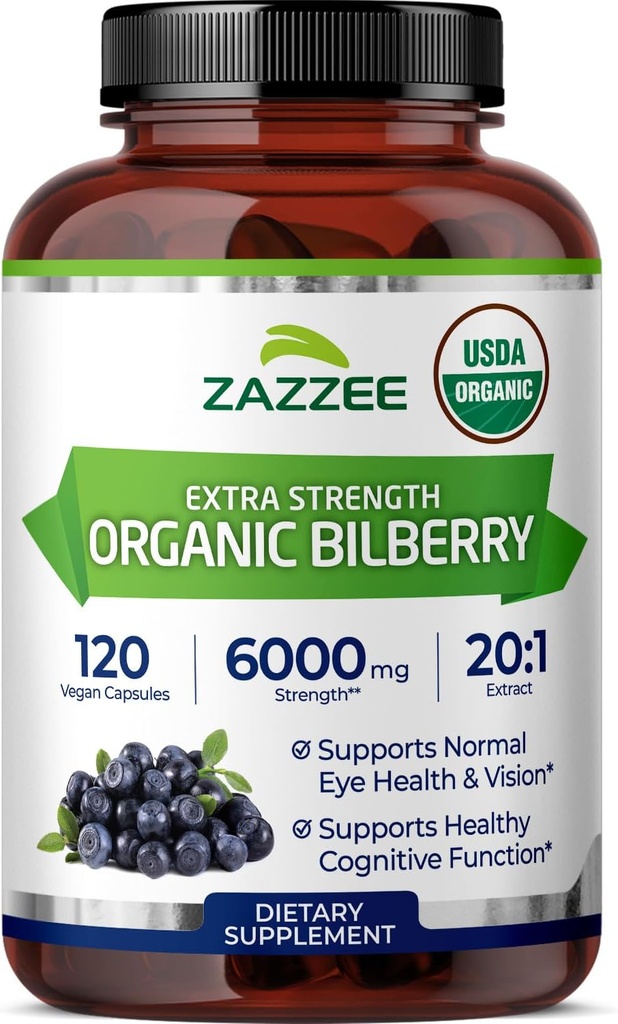 Zazzee USDA Organic Bilberry 20:1 Extract, 6000 mg Strength, 120 Vegan Capsules, 4 Month Supply, Standardized and Concentrated 20X Extract, 100% Vegetarian, All-Natural, Non-GMO, Made in The USA