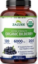 Zazzee USDA Bio Bilberry 20:1 Extrait, 6000 mg de force, 120 capsules véganes, 4 mois d'approvisionnement, extrait normalisé et concentré 20X, 100% végétarien, tout naturel, non OGM, fabriqué aux États-Unis