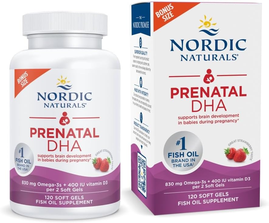 Nordic Naturals Prénatal DHA, fraise - 120 gels mous - 830 mg Oméga-3 + 400 UI Vitamine D3 - soutient le développement du cerveau chez les bébés pendant la grossesse et l'allaitement - non-OGM - 60 portions
