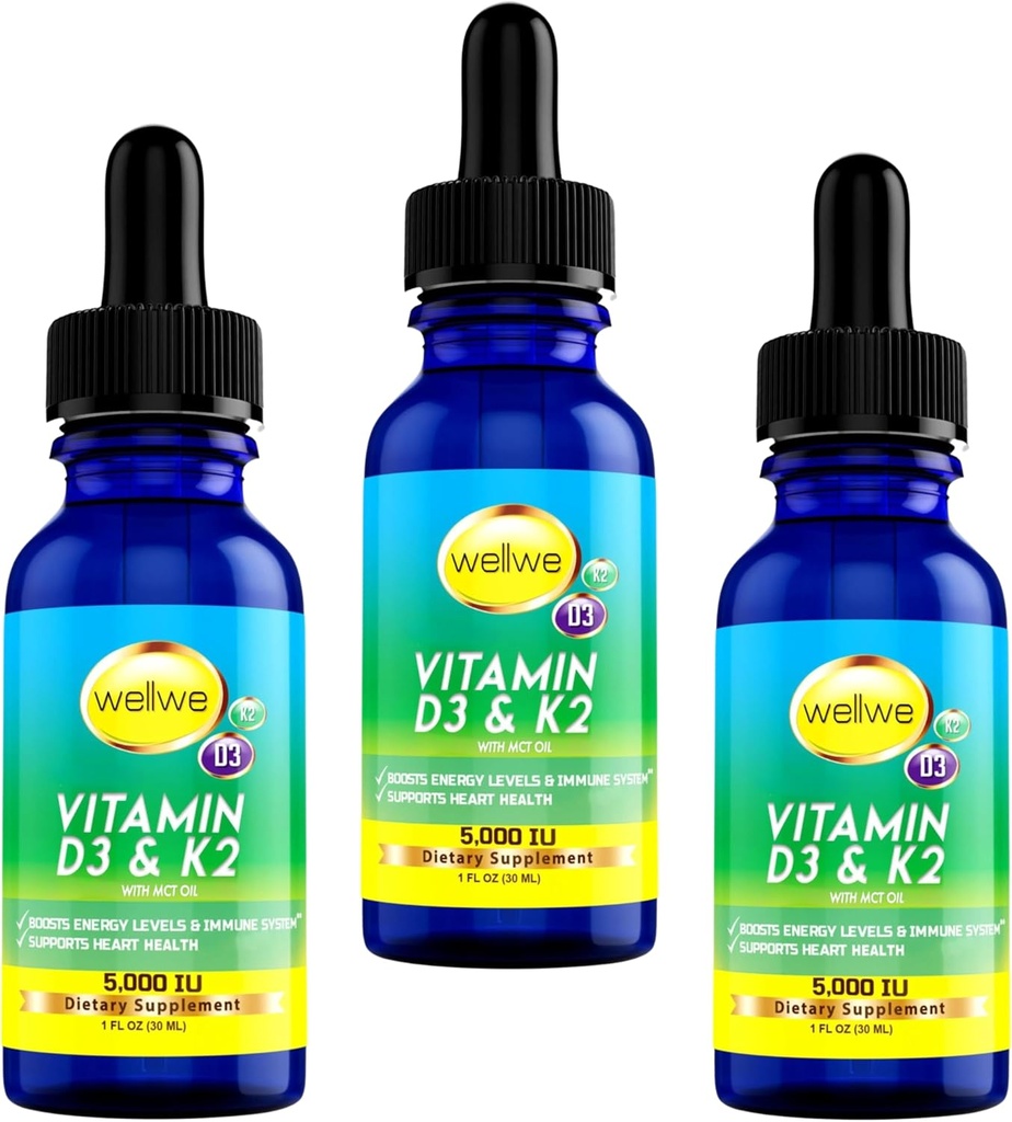Vitamine liquide D3 K2 gouttes avec huile MCT 5000 UI - végétalien, sans goût, sans odeur, sans soja, sans gluten, sans OGM, 1000 UI par goutte, stimule l'énergie et le système immunitaire (3 pack)