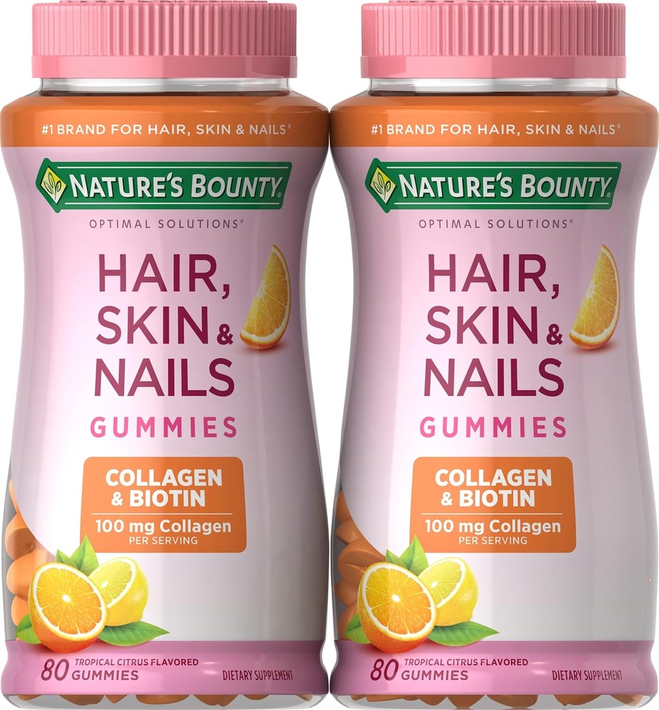 Nature's Bounty Biotin and Collagen, Citrus-Flavored Gummies, 80 Ct (2 Pack)