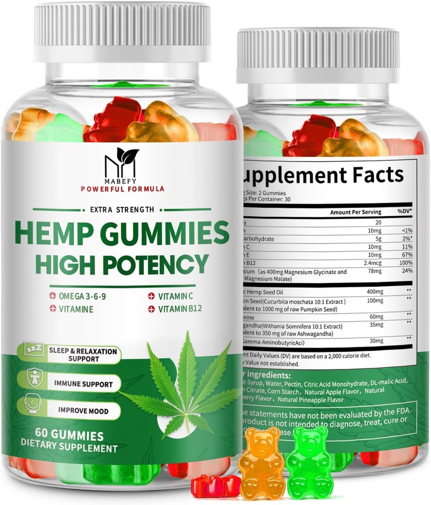 2 Pack Hemp Gummies for Pain, Sleep, Relaxation - Extra Strength with Magnesium & Vitamins - High Potency Natural Hemp Oil Extract Supplement, Vegan Gummy Bears