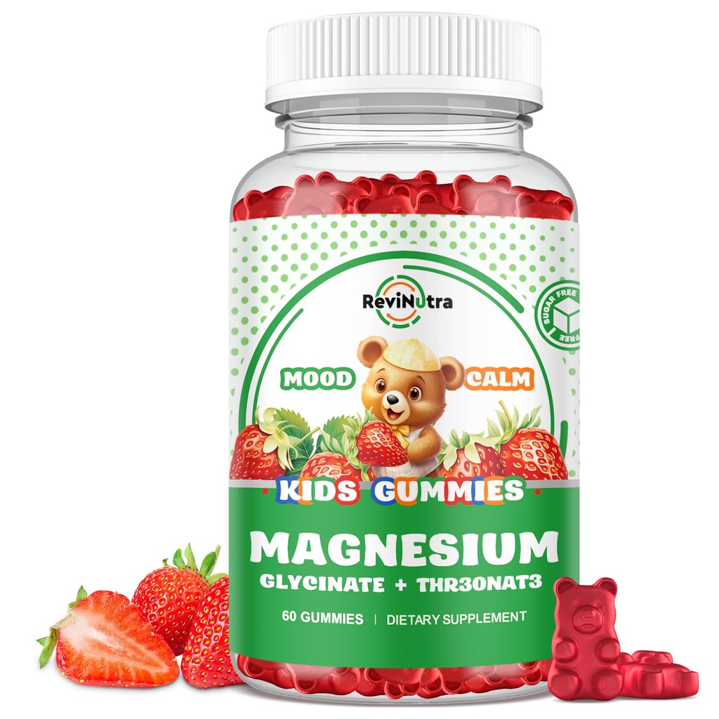 Gommies complexes de magnésium- Gommies à croquer calmes pour les enfants et les adultes- Supplément de glycinate de magnésium-w/Omega-3, vitamine B6, D3- Soutenir le soulagement du stress calme, les os, l'humeur, le goût des fraises