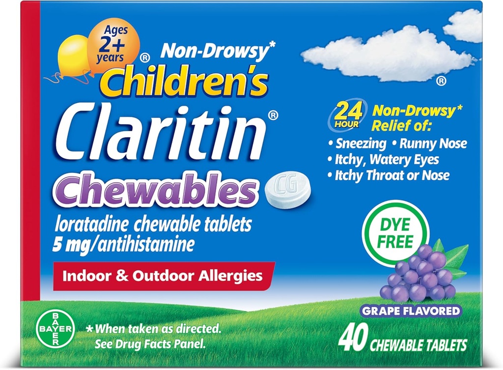 Claritin Children's Allergy Medicine, 24 heures sur 24 Loratadine non somnolente 5mg Comprimé à croquer, Antihistamine pour les enfants de 2 ans et plus, Aromatisé au raisin, 40 comprimés