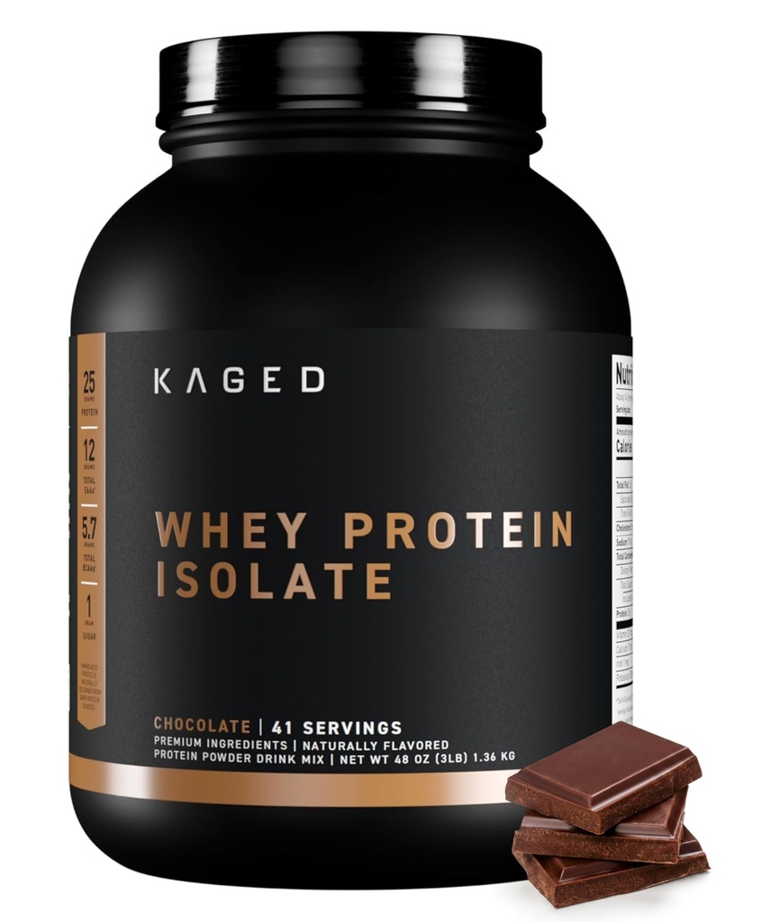 Poudre isolate de protéines de lactosérum Kaged Chocolat 100% Pure Low Lactose Whey.
