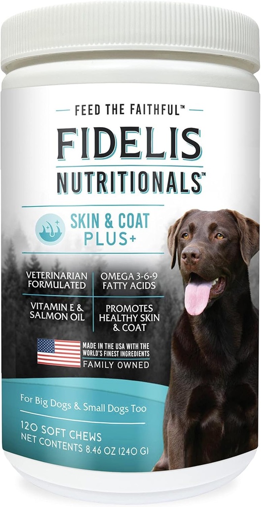 FIDELIS Skin & Coat Plus+ Dog Skin & Coat Supplément, Omega 3, Vitamine E, Huile de saumon pour chiens, Acides gras, Peau saine, Manteau brillant, Adulte, Gros & Petit, Fabriqué aux États-Unis, Saveur végétale, 120 Chews doux