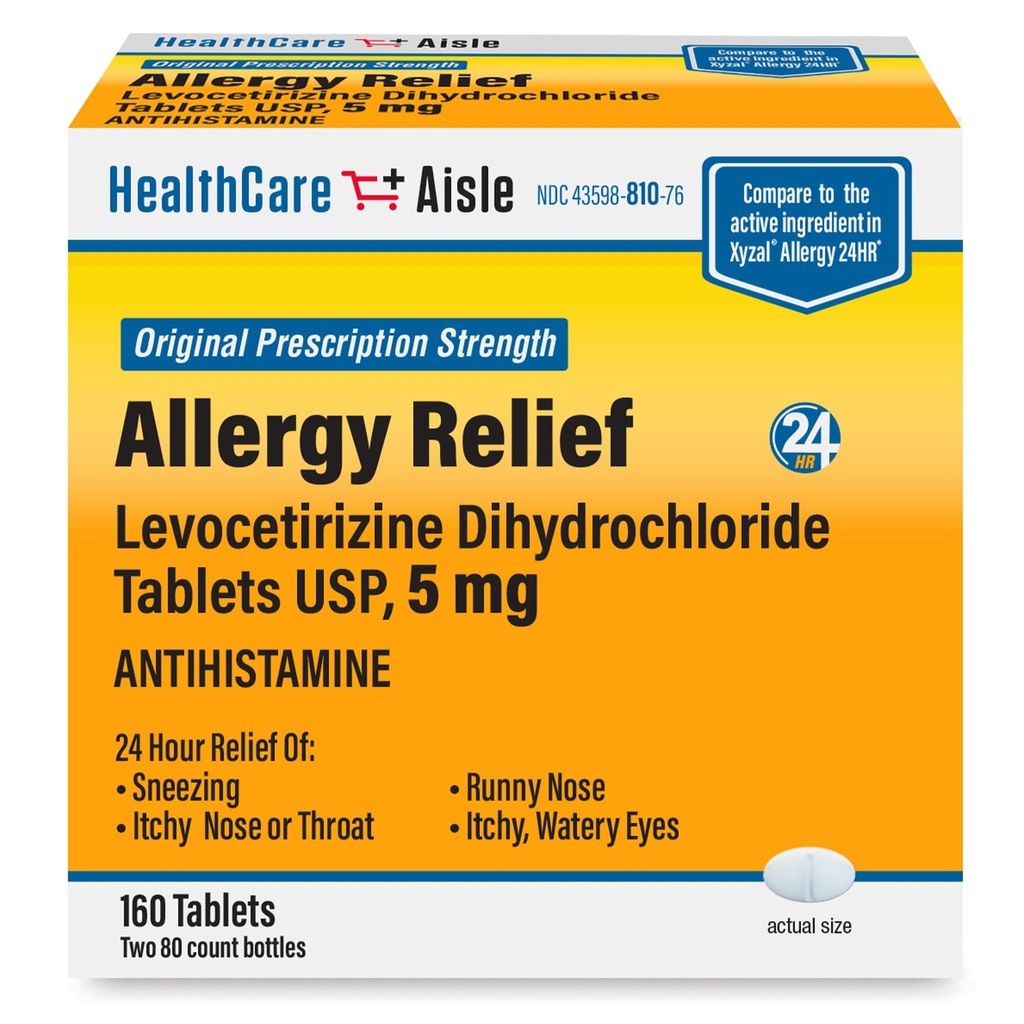 HealthCareAisle Allergy Relief - Levocetirizine Dichloride Comprimés USP, 5 mg, 160 comprimés, médicaments antiallergiques d'origine sur ordonnance, 24 heures sur 24, 80 comtes (paquet de 2)