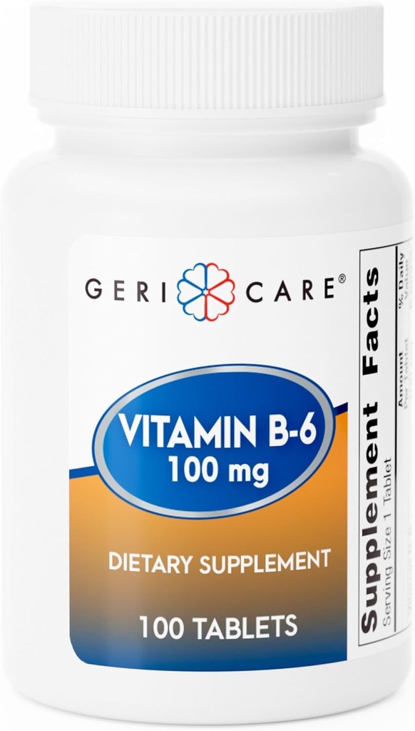 GeriCare Vitamine B-6 100mg, 100 comprimés – Un soutien nutritionnel quotidien pour une fonction cérébrale saine, l'amélioration de l'humeur, la santé circulatoire et le métabolisme – aide à combattre la fatigue et à promouvoir le mieux-être général