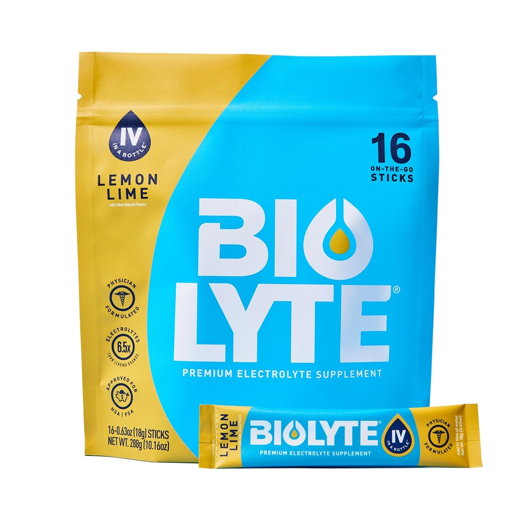 BIOLYTE IV Electrolyte Powder Packets, IV Liquid Drink Mix for Water, Doctor-Developed Hydration, Approved Dehydration Relief, Chemotherapy Must Haves for Women & Men- Lemon Lime (16 Sticks)