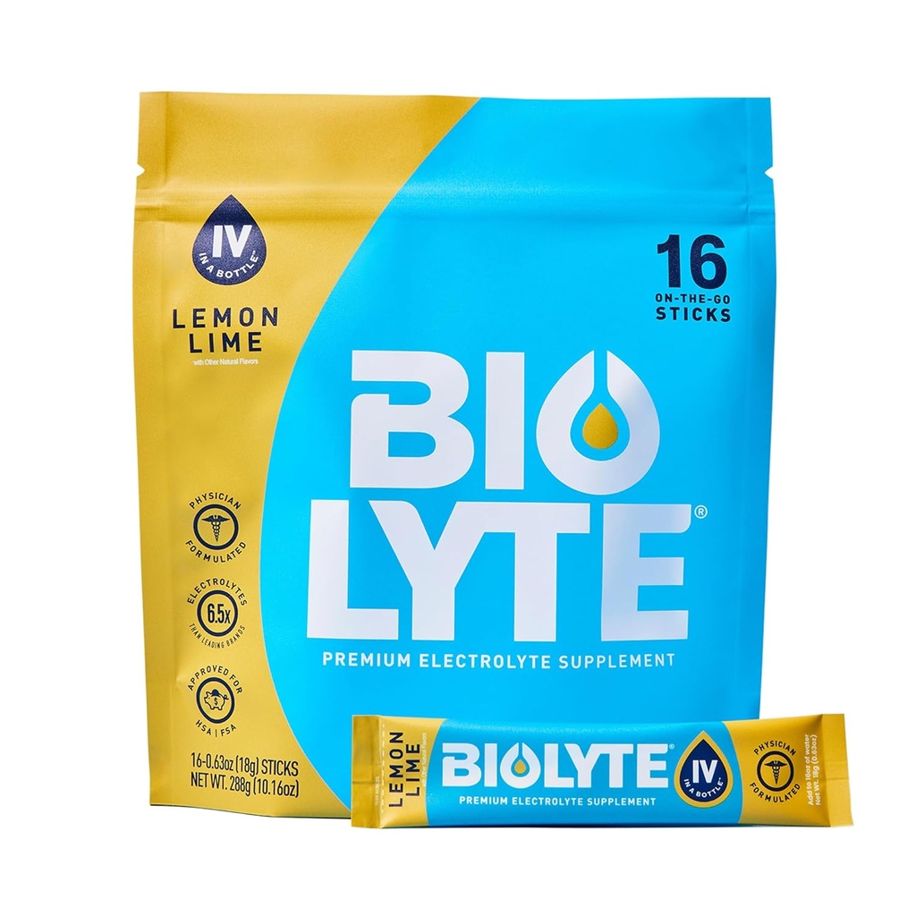 BIOLYTE IV Electrolyte Powder Packets, IV Liquid Drink Mix for Water, Doctor-Developed Hydration, HSA & FSA Approved Dehydration Relief, Chemotherapy Must Haves for Women & Men- Lemon Lime (16 Sticks)