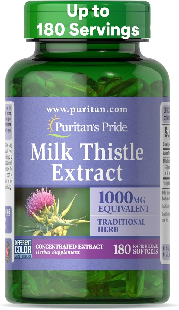 Thistle de lait de Puritan 4:1 Extrait 1000mg 180 Softgels (Silymarin) Santé du foie