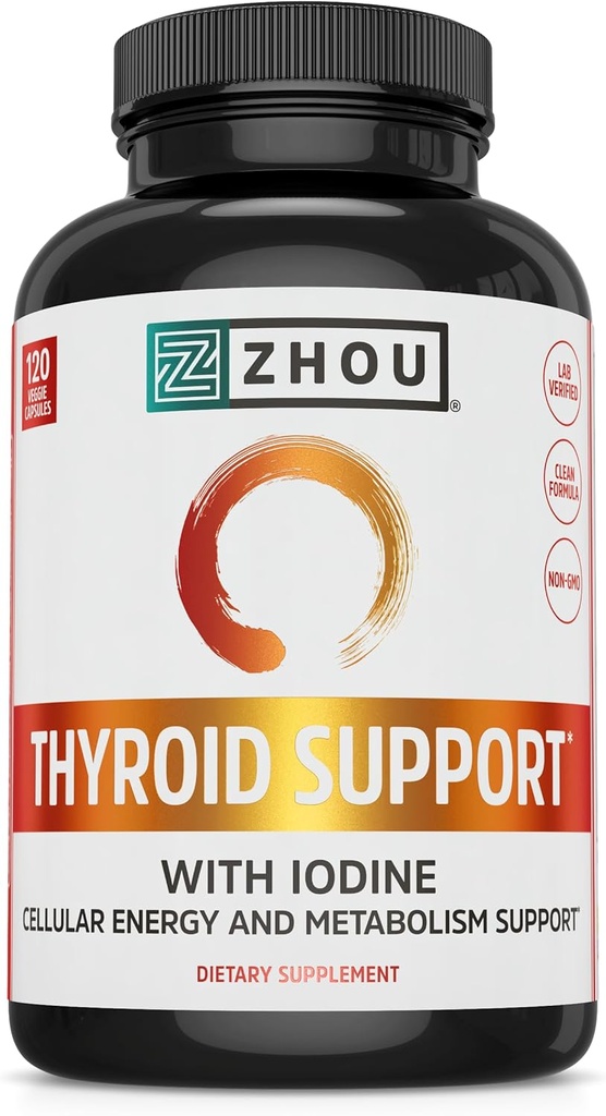 Support Thyroïde Zhou - Supplément Thyroïde pour les femmes et les hommes avec Zinc, Iodine et Sélénium, Complexe Métabolique de la Santé Thyroïde, Support Antioxydant avec Aswagandha et Kelp - 120 Capsules Veggie