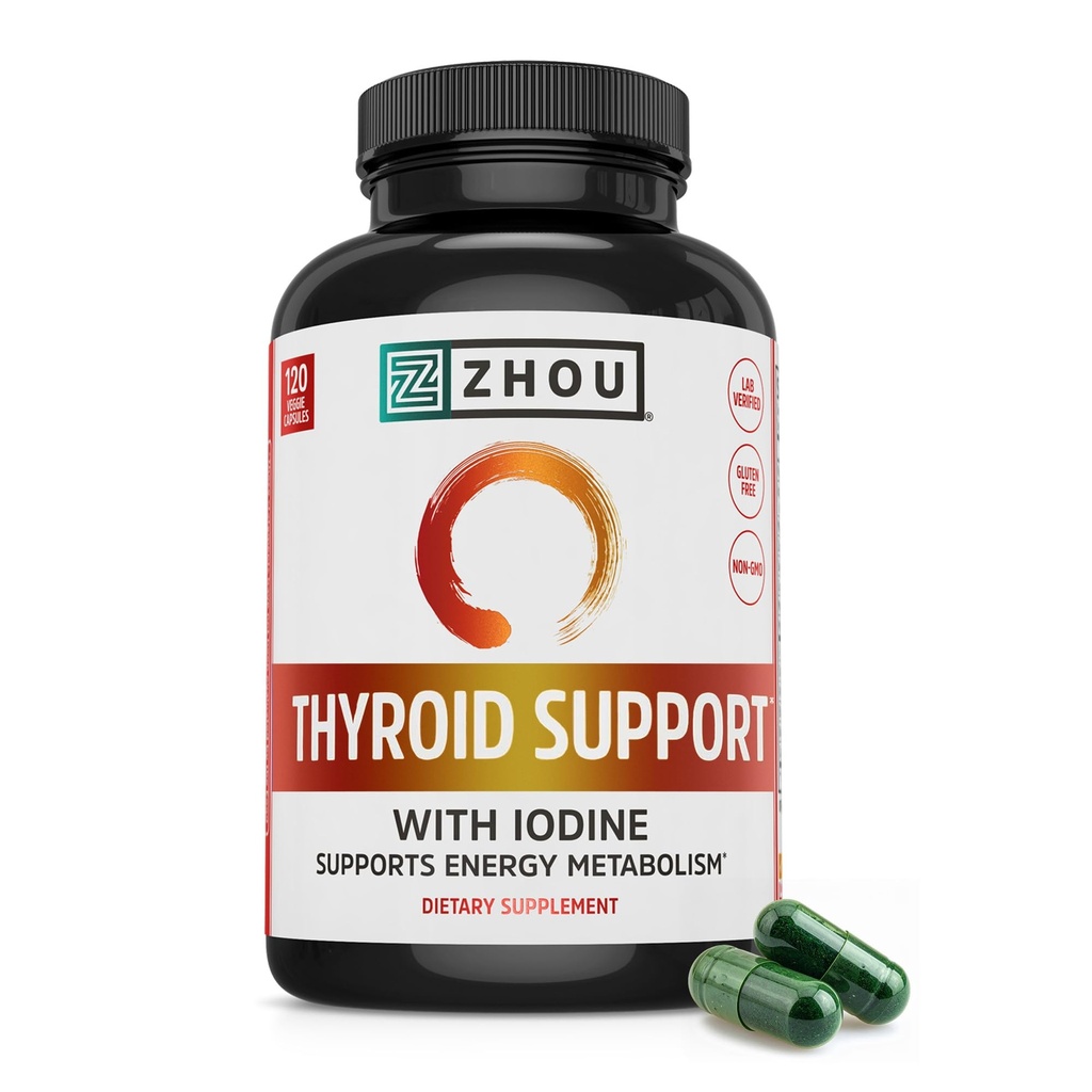 Support Thyroïde Zhou - Supplément Thyroïde pour les femmes et les hommes avec Zinc, Iodine et Sélénium, Complexe Métabolique de la Santé Thyroïde, Support Antioxydant avec Aswagandha et Kelp - 120 Capsules Veggie