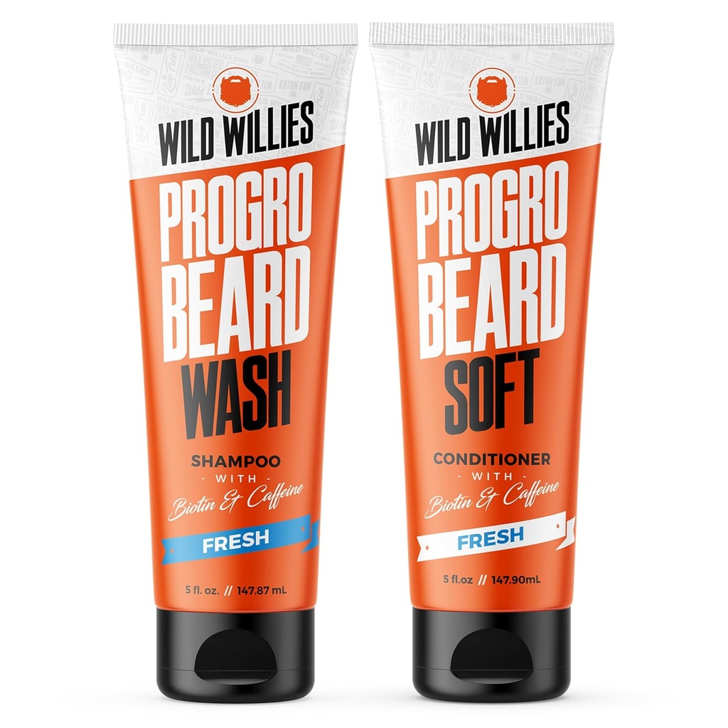 Wild Willies PROGRO Shampooing et kit de revitalisants - Fortifié avec/caféine et biotine - Renforcement, sans flocons, hydratant lavage et revitalisant pour les hommes, 2 x 5oz tubes