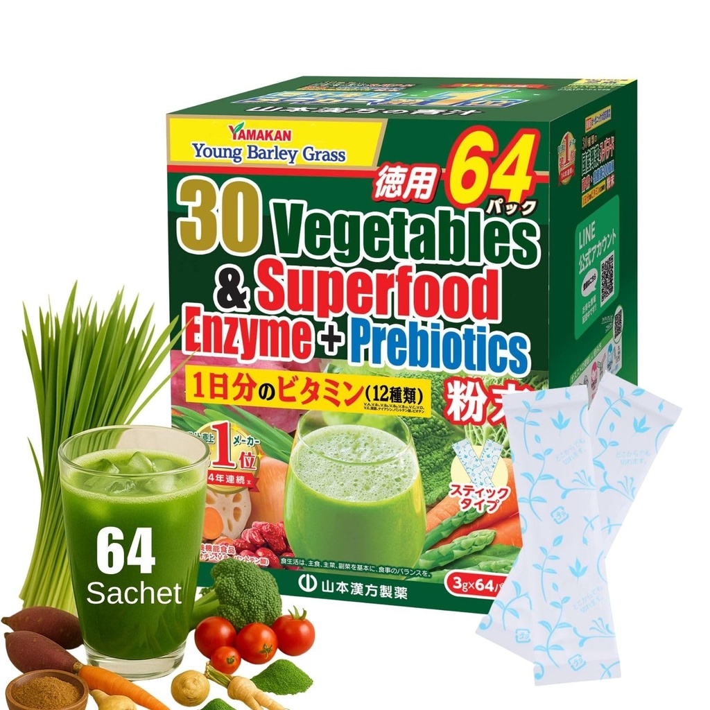 Yamamoto Kanpoh YAMAKAN Greens Superfood Powder avec fibre prébiotique et enzymes pour la digestion, 30 légumes et jeune mélange de jus d'orge du Japon, santé Gut pour les femmes et les hommes, 64 paquets