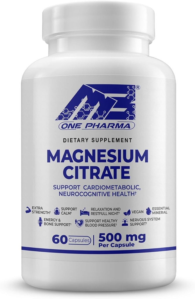 MB 1 Citrate de magnésium 500mg - Formule de haute absorption pour le muscle, le nerf, le sommeil et le os - Vegan, non-OGM - Digestion et santé cardiaque - 60 capsules - 60 jours d'approvisionnement