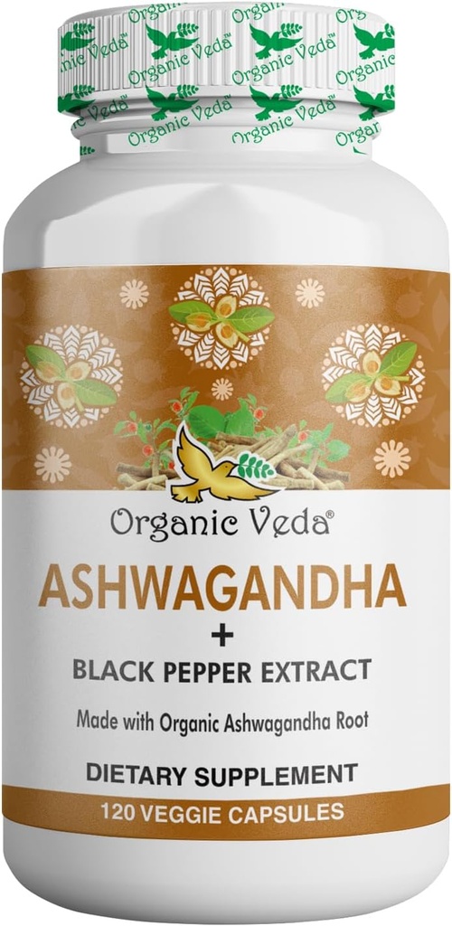 Suppléments bio Veda Ashwagandha, 1500mg - Capsules Ashwagandha avec extrait de poivre noir - Fabriqué à partir de racine 100% bio Ashwagandha - Supplément de soutien d'humeur & énergie, 120 Veggie