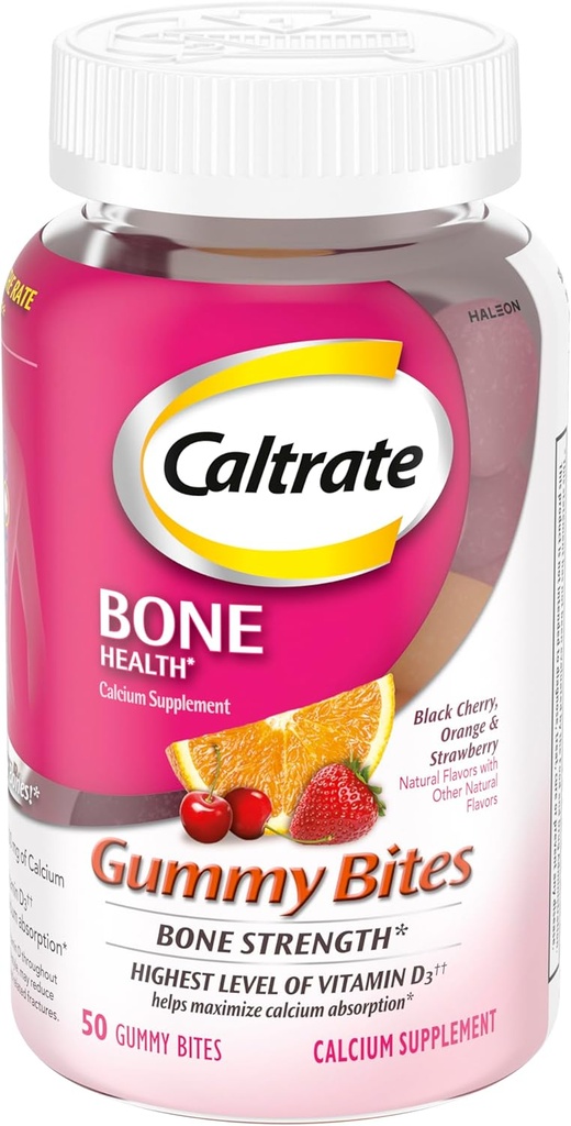 Caltrate Bites Gummy 500 mg Supplément Calcium et vitamine D, Cerise noire, Fraise, Orange - 50 Compte